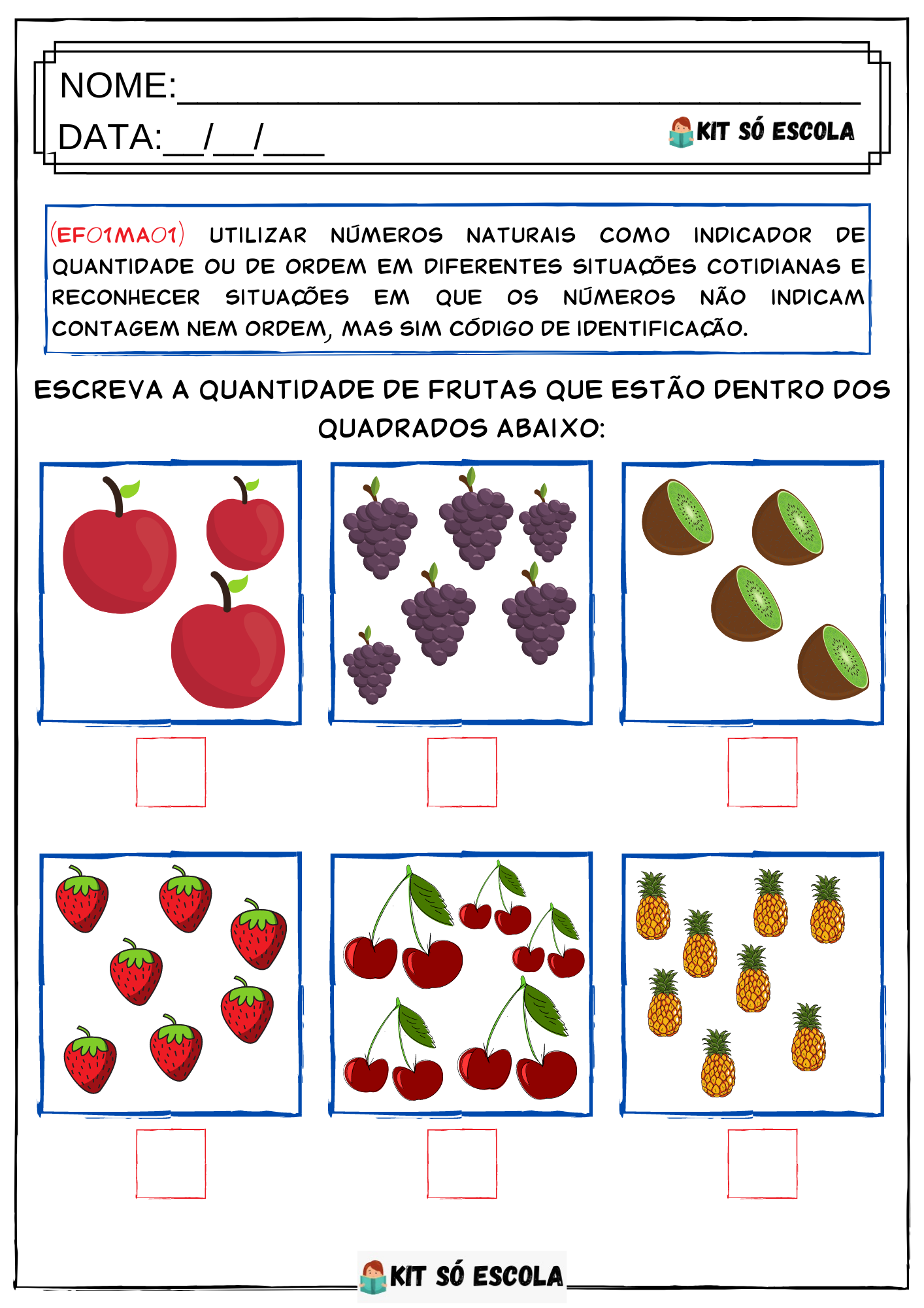 Atividade de Matemática para 1º ano – Números e quantidades