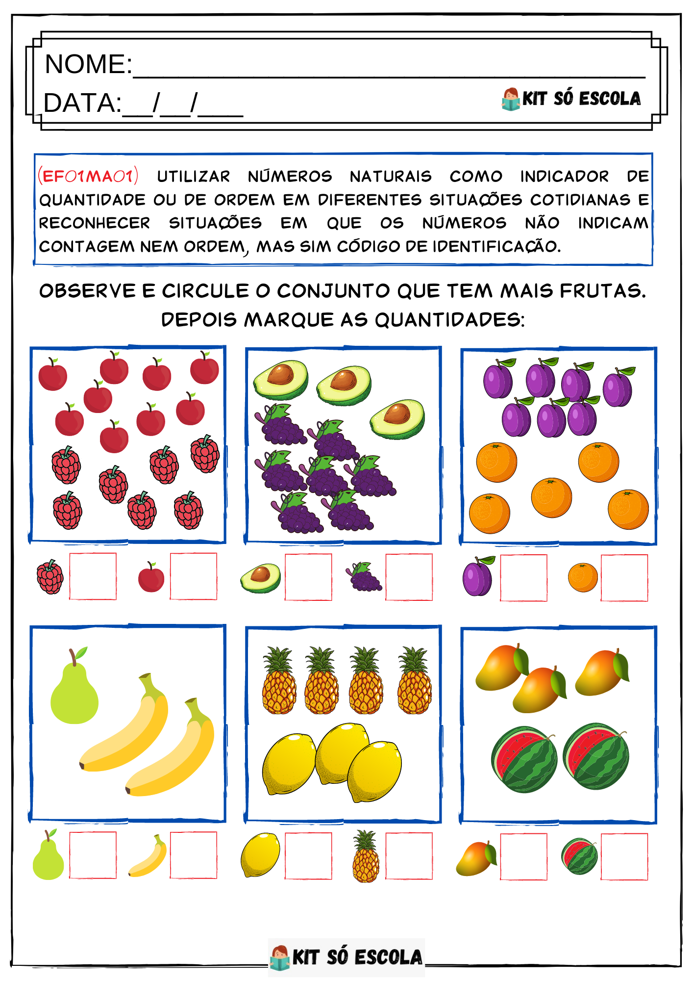 Atividade de Matemática para 1º ano – Números e quantidades